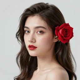 portrait of beautyful woman, moebius style, a rose is in her hair, High definition, three-dimensional image, volumetric light, detailed details,