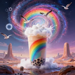 Behold - rainbow boba!!, And the flung spray and the blown spume and the seagulls crying!!!!, An Odyssey Beyond Reality, cinematic, hyper realism, high detail, octane render, unreal engine, 8k, vibrant color, from the spirals of galaxies to the hexagonal shapes of snow crystals!, a desolate alien world full of rich colors!!!, unique architecture, by andrea chiampo and chet zar