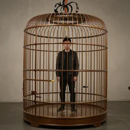 Man inside a large bird cage