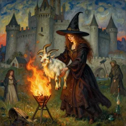 styliah witch burning with a goat in her hands, glowing fire, medieval castle, by mikhail vrubel, by peter elson, muted colors, extreme detail, trending on artstation, 8 k
