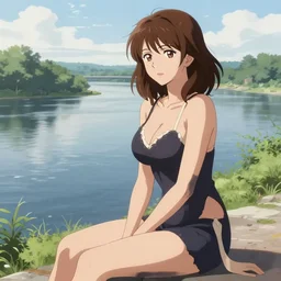 girl with brown hair, sitting, scenic view of river, in the style of ilya kuvshinov, high definition anime art, gorgeous, sexy, hot