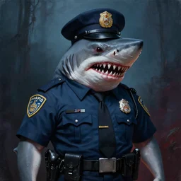 detailed painting of a terrifying shark dressed as a police officer, nightmare, lapd