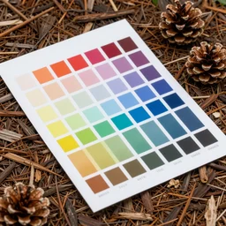 photography color correction chart laid on top of mulch with pinecones, unreal engine, 8 k, tileable