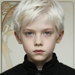 portrait a 1 5 - year - old boy, with slender, white - blond hair, cold grey eyes, a pale complexion with sharp and pointed features, wearing black clothes, hyper realistic face, beautiful eyes, close up, fantasy art, in the style of greg rutkowski, intricate, alphonse mucha, hyper detailed, smooth