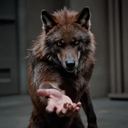 film still of a funny looking werewolf extending out his hand, asking for food, in an american werewolf in london