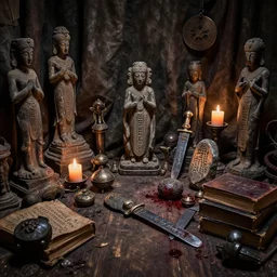 cluttered room full of ancient artifacts candles dark dusty statues runes books magical arcane instruments ritual stone knife drapery atmospheric hdr blood