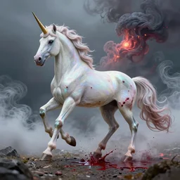 a iridescent unicorn is injured, footsteps of blood follows behind it, toxic glowing smog in the sky, ultra realistic, concept art, intricate details, highly detailed, photorealistic, octane render, 8 k, style of mary jackson