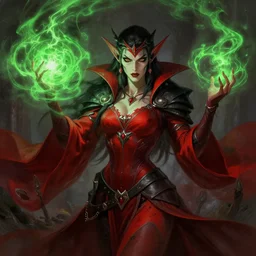 magic : the gathering fantasy character concept art by franz frazetta, high resolution. a clear portrait of a beautiful, female dark elf warlock wearing red and black, casting a spell with glowing green energy, gritty coloring, intricate, digital painting, artstation, smooth, sharp focus