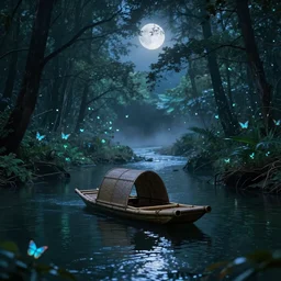 a dreamy photograph of an enchanting forest river, with a small bamboo boat in the middle of the river, moonlit night dreamy atmosphere, highly detailed twigs and plants in the forest, bioluminiscent butterflies in the fog in a bokeh background, deep colors, photorealistic digital arts, cinematic, smooth, artstation, 8K