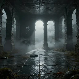 tiled room squared waterway, aqueducts, gloomy and foggy atmosphere, octane render, artstation trending, horror scene, highly detailded