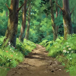 deep muddy forest on a sunny day walkway panorama, blooming, very traditional gouache painting gouache by makoto shinkai pixar disney kyoto animation