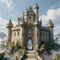 a giant medieval fortress in the mountains, a magical portal to a cloudy garden inside, ultra wide shot, lush colors, in the style of greg rutkowski and hans zatzka, digital art, sharp focus, highly realistic, exquisite ornate metal gothic icon heavy patina, delicate, enchanting, otherworldly, ethereal, mythology, mystical