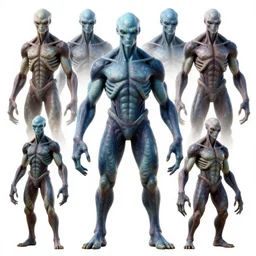 character with blue skin, alien anatomy, large forearms, ultra detailed, realistic, many variations, by neville page, simon bisley
