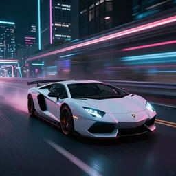 a lamborgini car driving on a neon road, cyberpunk, retrowave synth