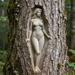 attractive bikini female silhouette carved out in a detailed bark of an old tree with moss and leaves