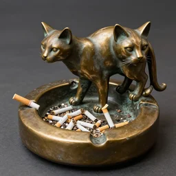 a bronze cat sculpture which also seems to be an enormous ashtray, littered with cigarette bums