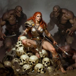 female barbarian on a pile of skulls, surrounded by slain orcs, in style of frank frazetta