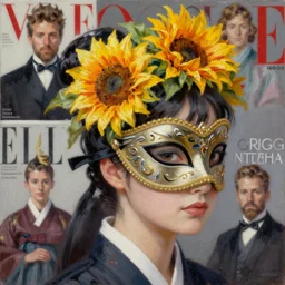 masquerade ball mask, korean audrey hepburn, vogue magazine, elle magazine, greg rutkowski, john singer sargent, trending on artstation, anime, oil painting, 3 / 4 pose, sunflower tiara, looking right, intricate