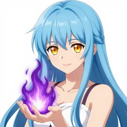 rimuru tempest from tensura holding purple fire in her palm, with amber eyes of golden colored eyes, straight hair, sky blue hair, long bangs, gothic attire, regal attire, concept art, award winning photography, digital painting, cinematic, wlop, 8 k, by ross tran, tom bagshaw, andy warhol