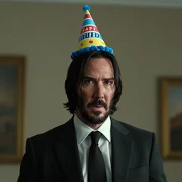 cinematic still of John Wick wearing a birthday hat from the film John Wick (2009)