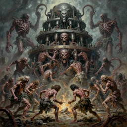 oil paint of 1 1 flayed gods fighting pox, in tiers, colossal medical gangrene machines in tiers, dethroning melee, pit, by shigeru komatsuzaki, wayne d barlowe, stefano tamburini, ember light, muted colors, epic, hyper detailed, awe inspiring, award winning horror, narrative lighting, hyper realism, cinematic