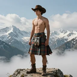 a homoerotic portrait by greg rutkowski and albert bierstadt and bill ward of a shirtless young desi hiker on a mountain peak | he is wearing a revealing tartan kilt, cowboy hat, and leather boots | background is snowy mountains and clouds | detailed face, ethereal, dreamlike | trending on artstation