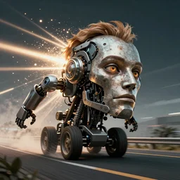 Giant half-robotic head of David Copperfield with wheels running on a californian highway, rays of light, particles light, kuvshinov ilya, unreal engine, by sasha kalinkin