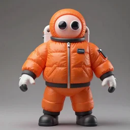 still figurine of a tall giant inflated space man action figure wearing over sized orange puffy bomber jacket, googly eyes, tareme eyes, personification, dynamic pose, detailed product photo, tone mapped, beautiful composition, 8 5 mm, f 5. 8, soft lighting