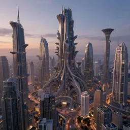 alien supercity, dense hypermaximalist metropolis, bizarre and imposing unusual megastructures,   twilight, style of Tyler Edlin