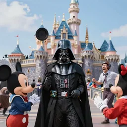 Darth Vader as Mickey Mouse terrorizing people at Disneyland, photo taken with an iPhone 12 Pro