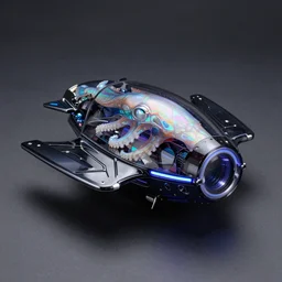 photo of a box - shaped dark glass and plastic iridescent octopus skin futuristic hypersonic survival pod with aerodynamic fins and canards, venturi tunnels, neon lights