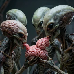 aliens brainsuckers in spaceship eating brains, perfect face, fine details, studio lighting, subtle shadows, art by katsuya terada, photorealism, hyper realism, octane render, hyper detailed, canon eos r 3, f / 1. 4, iso 2 0 0, 1 / 1 6 0 s, medium shot, 8 k, raw, unedited, in - frame,