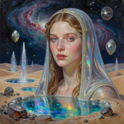 closeup portrait of beautiful high priestess, model, nebula, iridescent shimmering pools, oasis in the desert, floating stones, cascading iridescent waterfalls, dimension of infinite space, by Zdzislaw Beksinski, Tomas Sanchez, greg rutkowski, wlop, artgerm, andrei riabovitchev, nuri iyem, james gurney, james jean, highly detailed, soft lighting, 8k resolution, oil on canvas