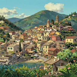 pixar render, french bande dessinée, mediterranean landscape, quaint village, cinq terre, highly detailed, luminous, style by moebius, by studio ghibli, concept art, unreal engine