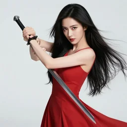 a beautiful fierce long black haired woman wearing red dress wielding black sword posing heroically, heavenly moonlit clouds background, close up shot, perfect hyperdetailed face,  league of legends style, splash art, highly detailed, vray, artstation, extremely detailed woman, stunning volumetric lighting, hyper realism, fantasy 4k