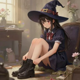 adorable female college student witch, sitting in her room, taking off her boots, fantasy, intricate, sharp focus, lens flare, bloom, illustration, highly detailed, digital painting, concept art, matte, art by ruan jia and wlop and greg rutkowski, masterpiece