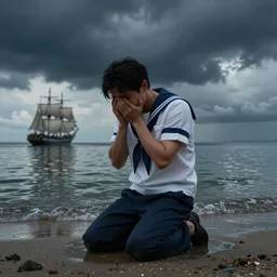 full body portrait of crying sad sailor on his knees, on a beach standing on top of water looking down with angst into the dark abys with looming dark clouds above reflecting onto the water, sailingship far in the background, by greg rutkowski, octane render, unreal engine, 8 k highly detailed, intricate details, cinematic lighting