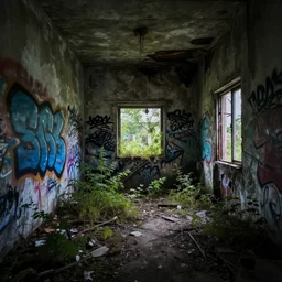 abandoned overgrown interior, graffiti covered walls, peeling paint, volumetric lighting, creepy, highly detailed