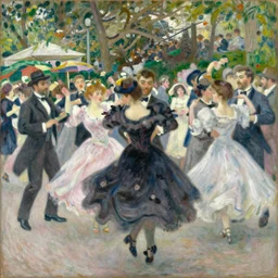 this painting is doubtless renoir's most important work of the mid 1 8 7 0's and was shown at the impressionist exhibition in 1 8 7 7. though some of his friends appear in the picture, renoir's main aim was to convey the vivacious and joyful atmosphere of this popular dance garden on the butte montmartre. the study of the moving crowd,