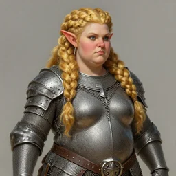 chubby female dwarven woman wearing pristine steel chainmail | neat elaborated long curly braided golden hair | big nose | beautiful plump body | intricate, highly detailed, digital painting, artstation, concept art, dungeons and dragons , art by jeff easley and ralph horsley