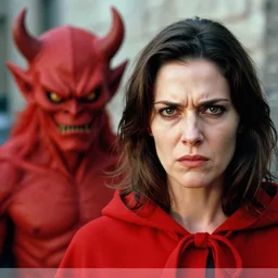 closeup portrait of an angry woman in a red cloak, standing next to a red devil monster, by Annie Leibovitz and Steve McCurry, natural light, detailed face, CANON Eos C300, ƒ1.8, 35mm, 8K, medium-format print