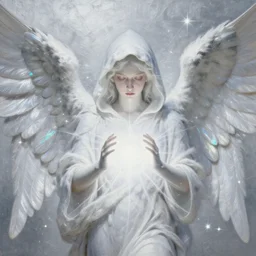 beautiful high details hyper realistic painting of white angel in the hood coming from space with giant ball of miracle light from the chest!!!!!, 4 k hd face!!!, big fur silver holographic wings, by jan van eyck, holography space, white sparkles everywhere, thin strokes, high textures, silver background