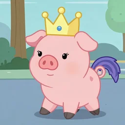 walking pig wearing a crown in the style of my little pony