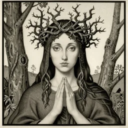priestess wearing a crown of twisting branches, by beksinski and moebius