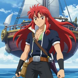An epic fantasy pokemon anime style portrait of a long haired, red headed male sky-pirate in front of an airship