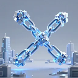 3 d render of glowing futuristic voxel abstract blocks tied together with chains, abstract cubes connected with wires, in the distance a cyberpunk blockchain city is seen, blockchain, symmetry, painted, intricate, volumetric lighting, beautiful, rich deep colors masterpiece, sharp focus, ultra detailed, in the style of dan mumford and marc simonetti