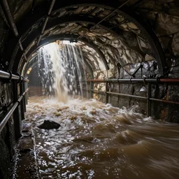 a massive water leak in a london underground tube tunnel, water flooding everywhere