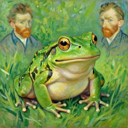 beautiful cute portrait post - impressionist painting of a very big frog in the grass, by henri de toulouse - lautrec, camille pissarro, paul cezanne, henri rousseau, vincent van gogh, henri - edmond