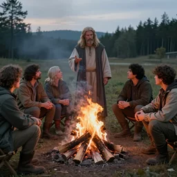 god talking with 6 people around a campfire, realistic