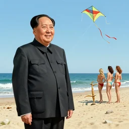 george soros dressed as mao tse dong. where's wally, on a beach with beautiful girls, flying a kite, by slavador dali